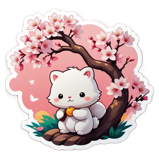 A white cat sitting under a tree with pink and white flowers.