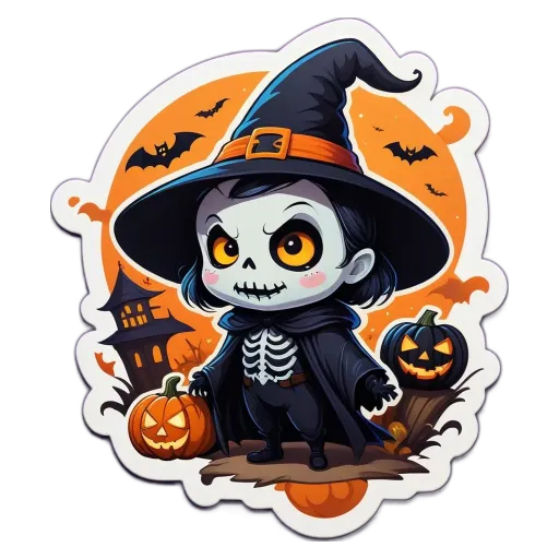 A skeleton in a witch costume standing next to pumpkins.