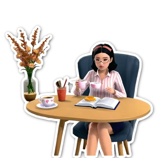 A girl is sitting at a table with a vase and flowers.