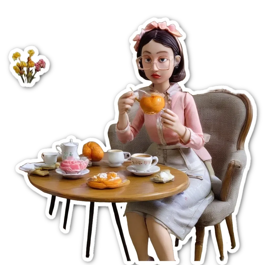 A sticker of a tea party that a girl is having.