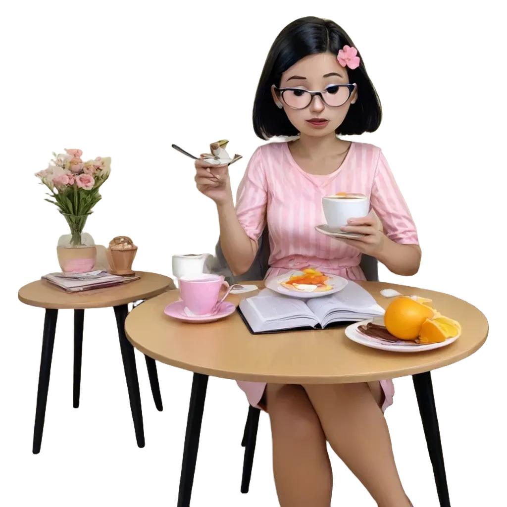 A girl eatting breakfast at a table with a book and flowers.