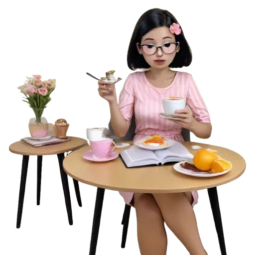 A girl eatting breakfast at a table with a book and flowers.