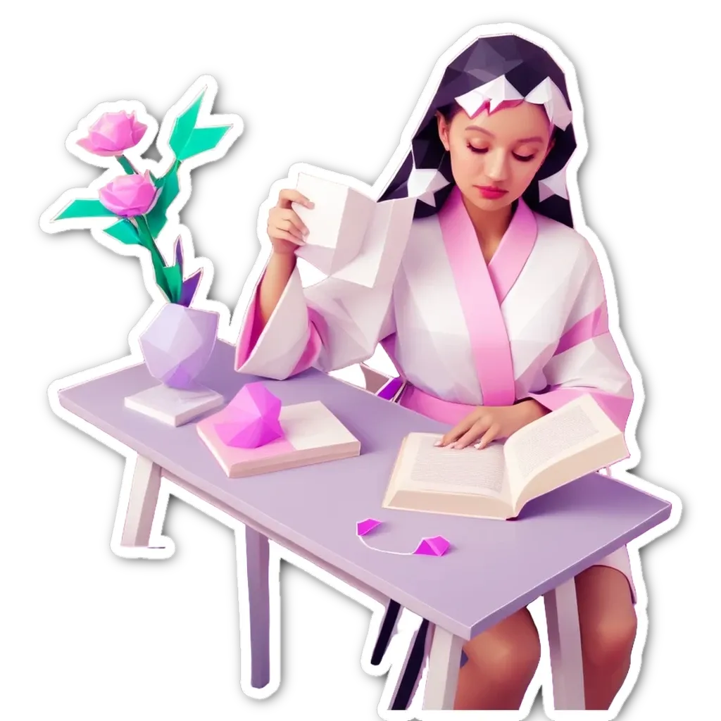 A woman in a bathrobe sits at a table reading a book with a cup of tea.