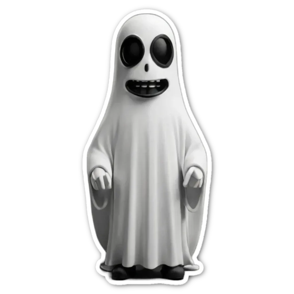 A sticker of a ghost in a white sheet with big teeth.