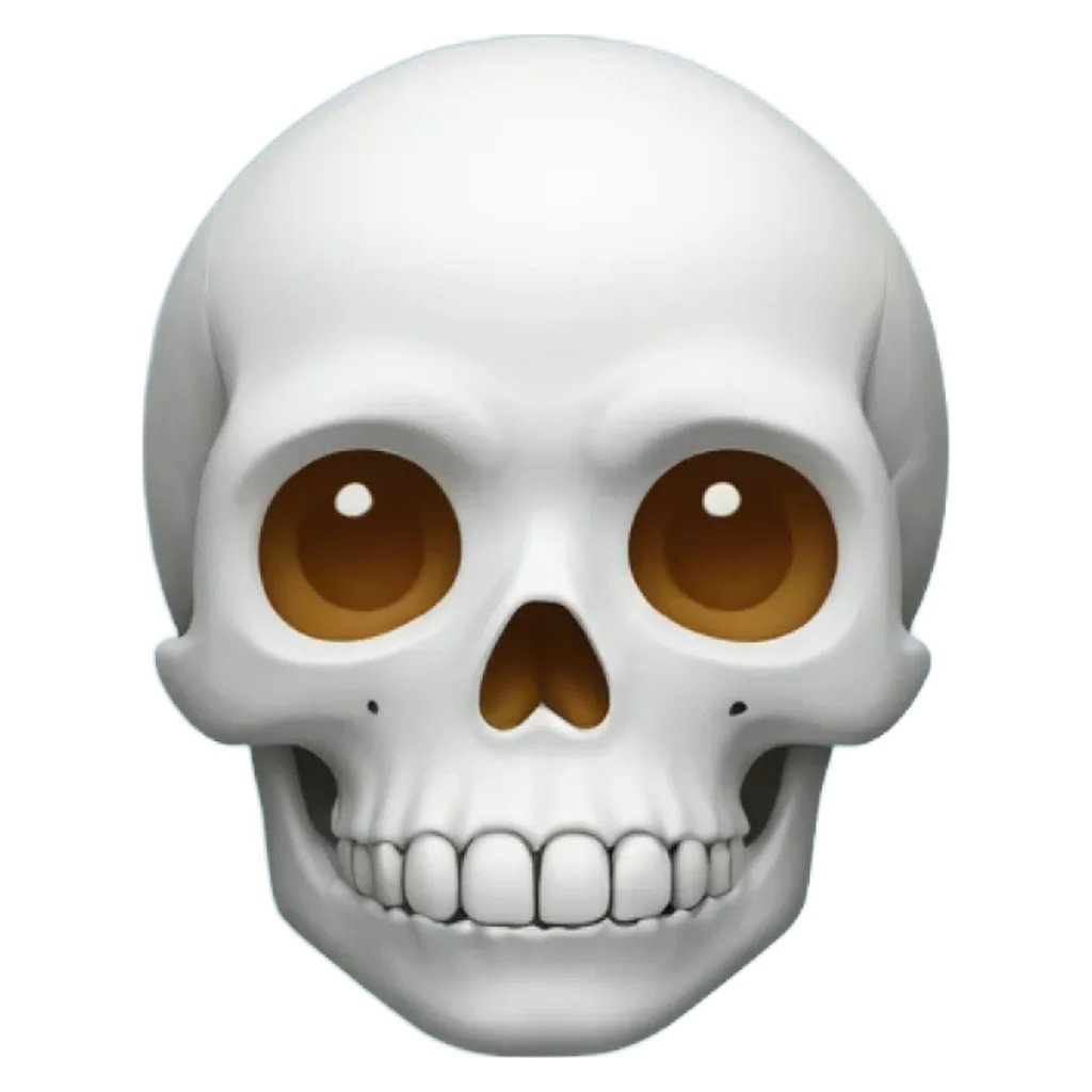 A white skull is staring at the camera with brown eyes.