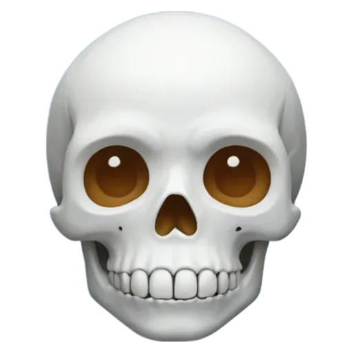 A white skull is staring at the camera with brown eyes.