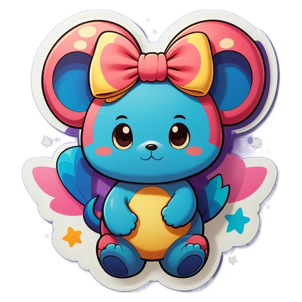 A sticker of a blue mouse with a pink bow.