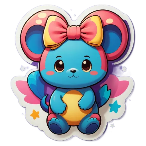 A sticker of a blue mouse with a pink bow.