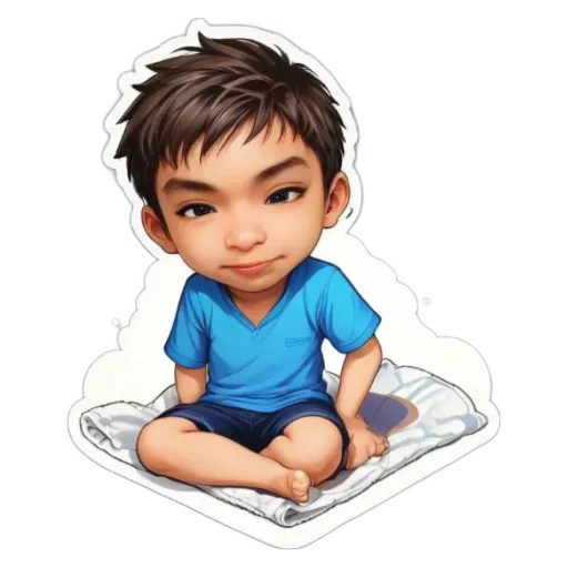 A boy with a blue shirt and blue shorts is sitting on a towel.