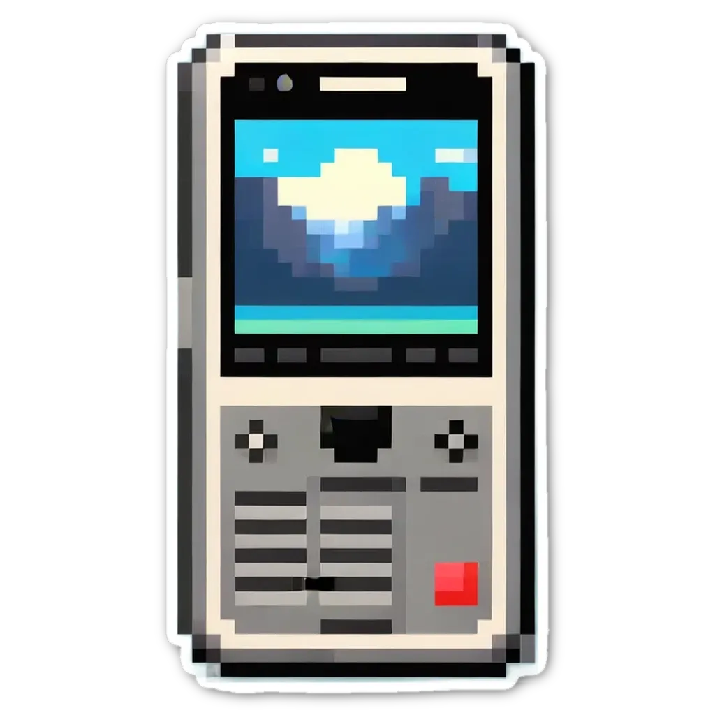 A pixelated cell phone with the screen saver loaded.