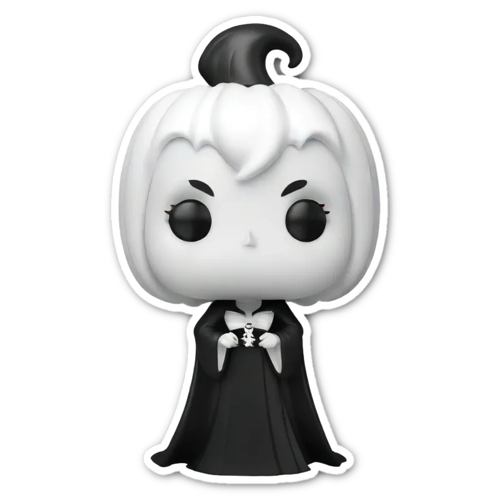 A black and white pop figure of a woman with a pointy hat.