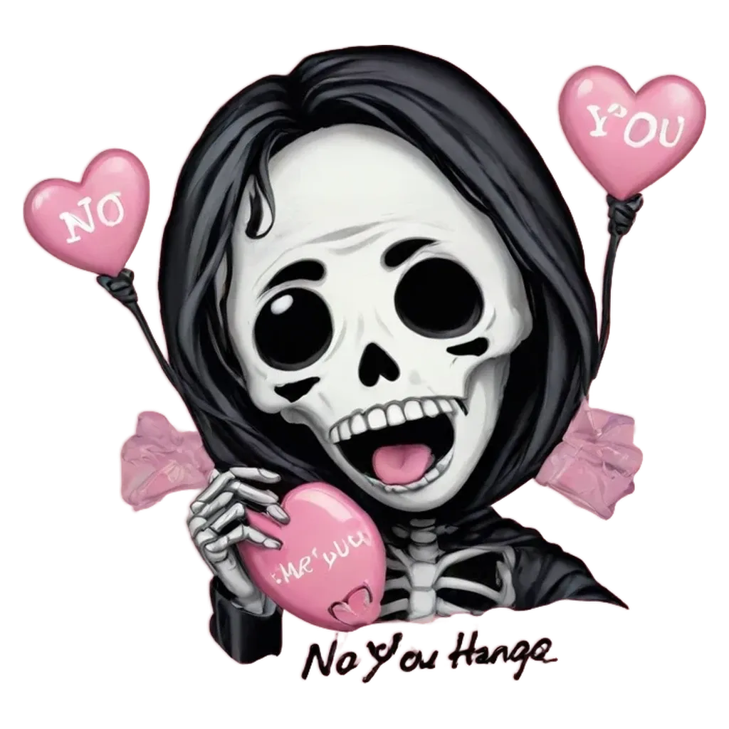 A skeleton holding a heart that says no you hanging.