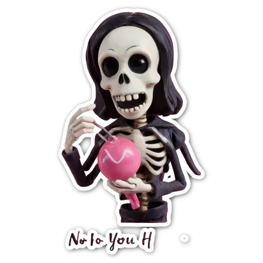 A skeleton holding a ball and a note that says No to You.