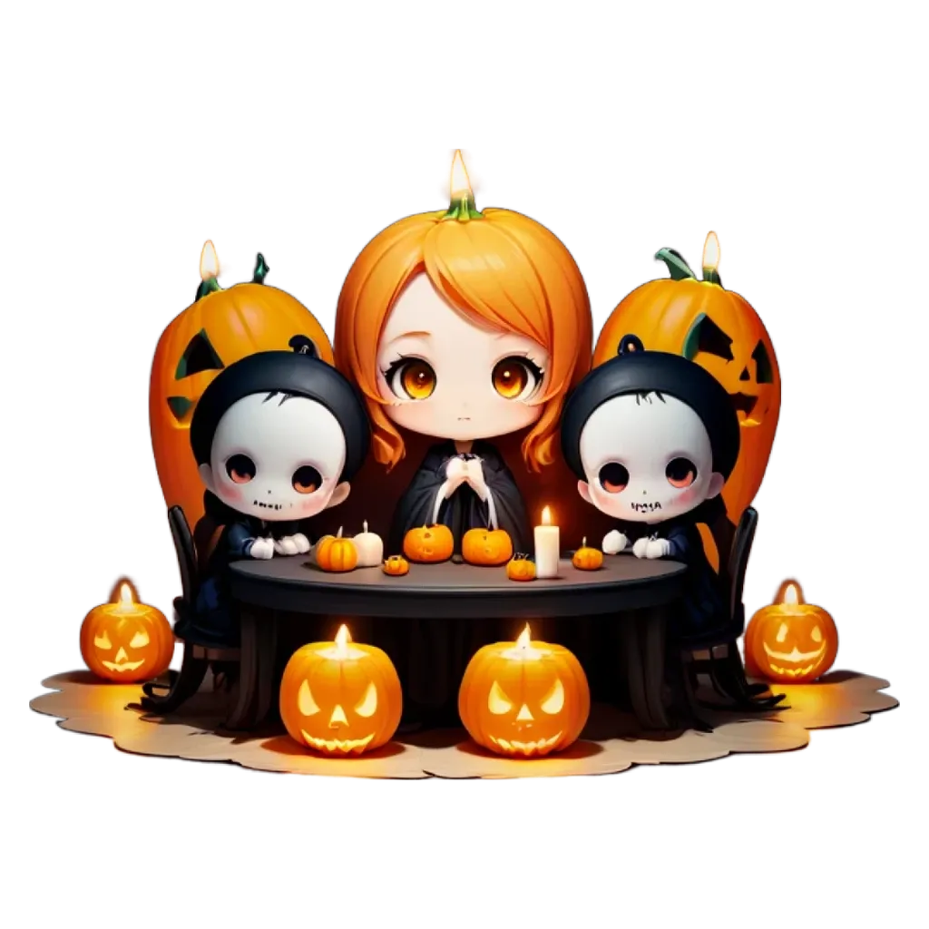 A cartoon of a girl with two babies sitting at a table with candles and pumpkins.