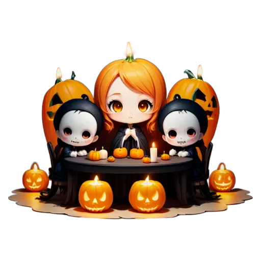 A cartoon of a girl with two babies sitting at a table with candles and pumpkins.