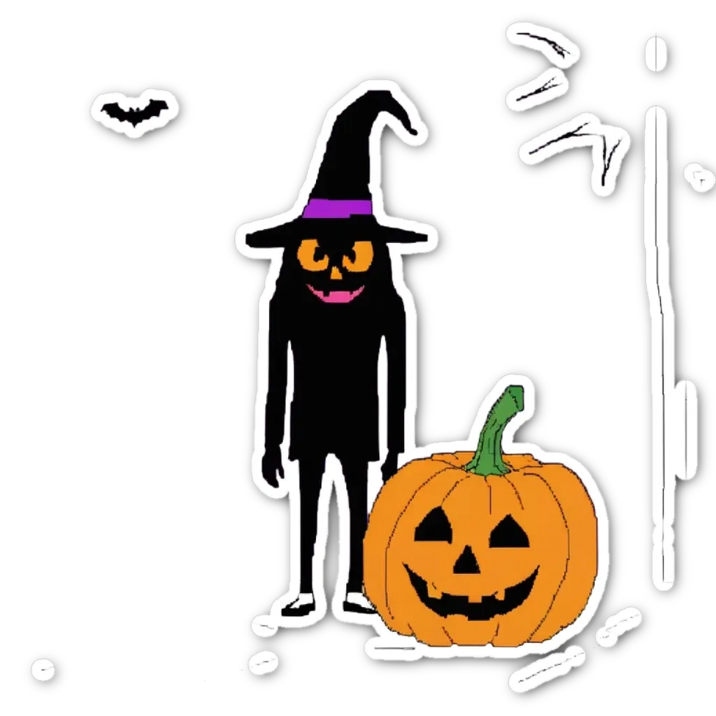 A cartoon drawing of a witch and a pumpkin.