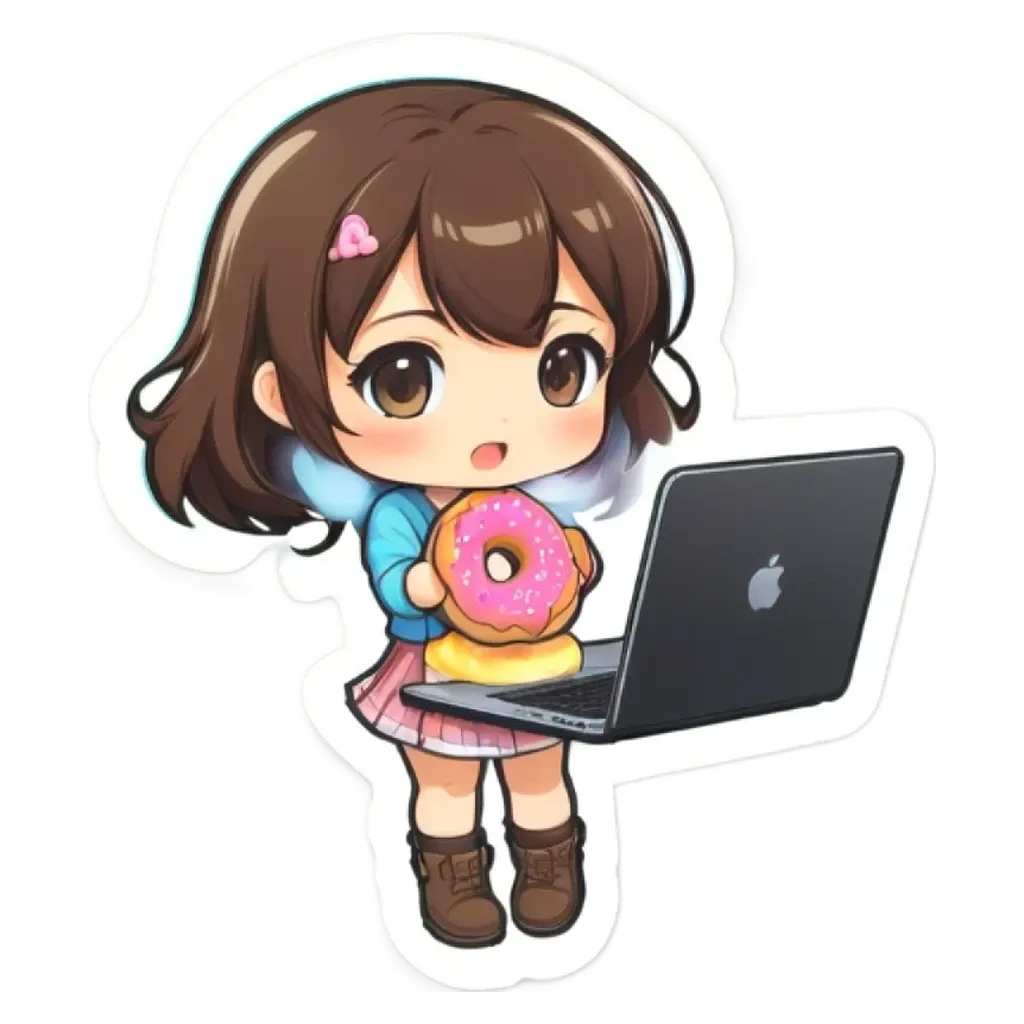 A girl holding a laptop and a doughnut.