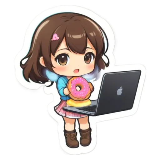 A girl holding a laptop and a doughnut.