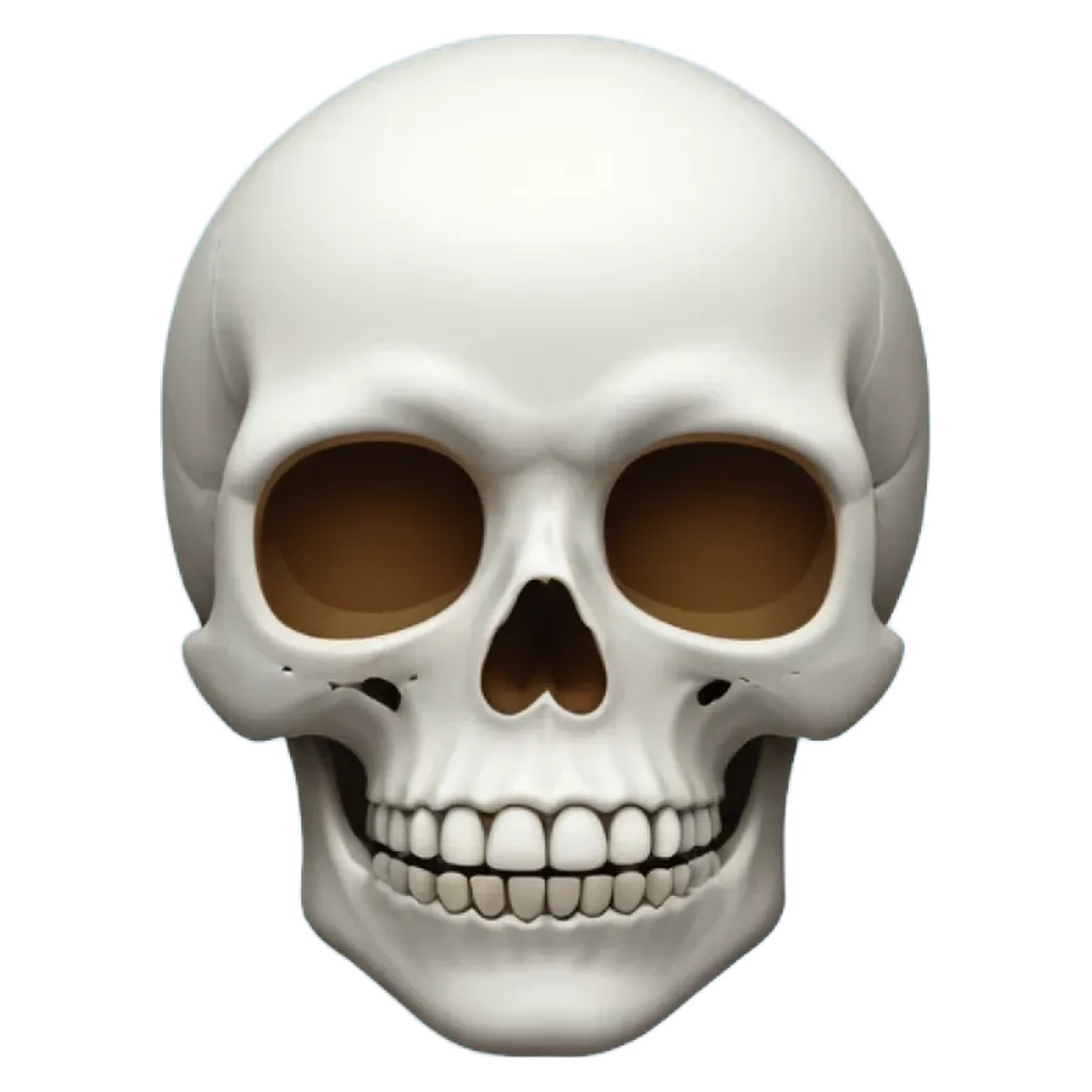 A white skull is shown with a black background.