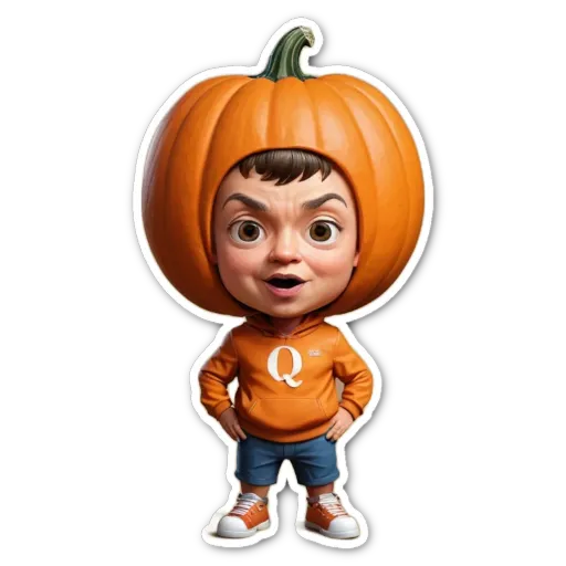 A child with a pumpkin for a head and a 'Q' for quality on an orange shirt.