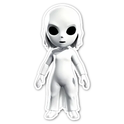 A white sticker of an alien doll with big eyes.