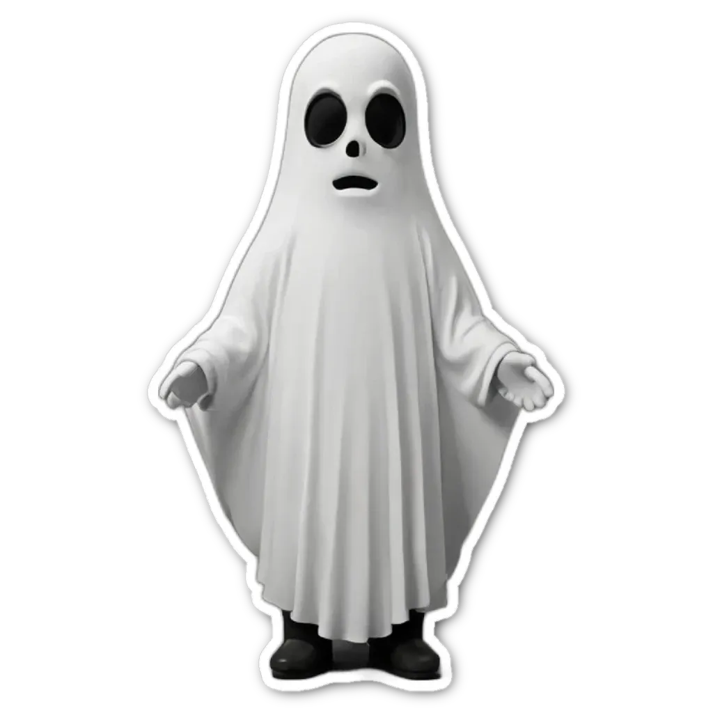 A sticker of a ghost in a white sheet with black eyes.