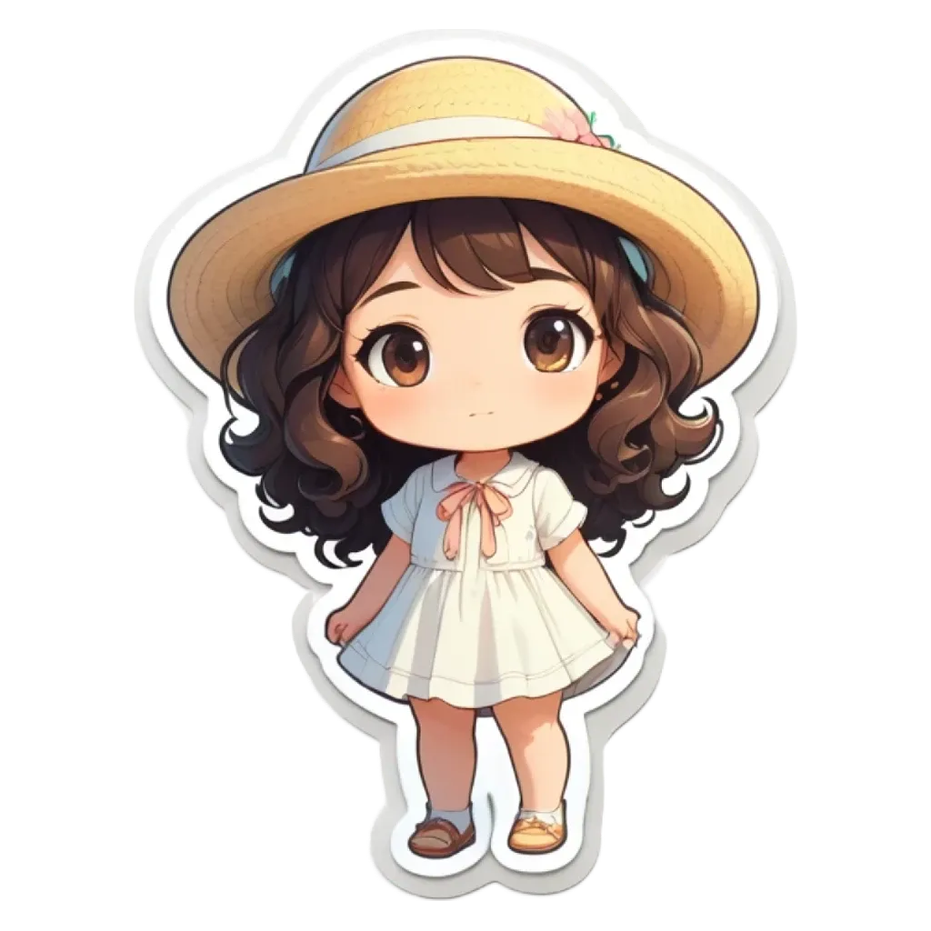 A girl wearing a white dress and a straw hat.