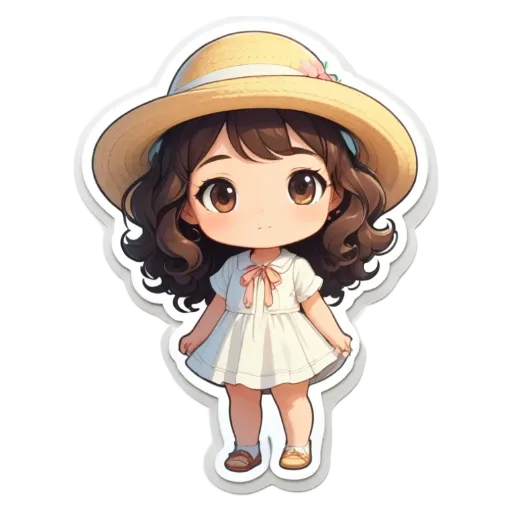 A girl wearing a white dress and a straw hat.