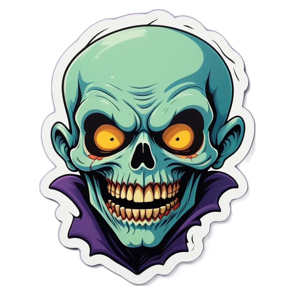 A sticker of a skeleton with red eyes and yellow teeth.