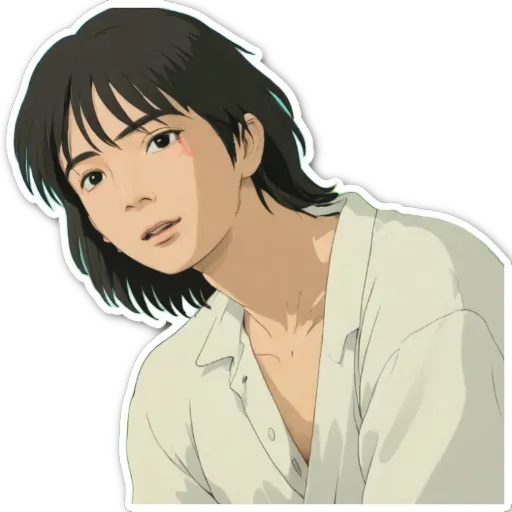 A sticker of a boy with a white shirt.