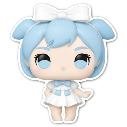 A blue and white doll with a white dress and a bow.