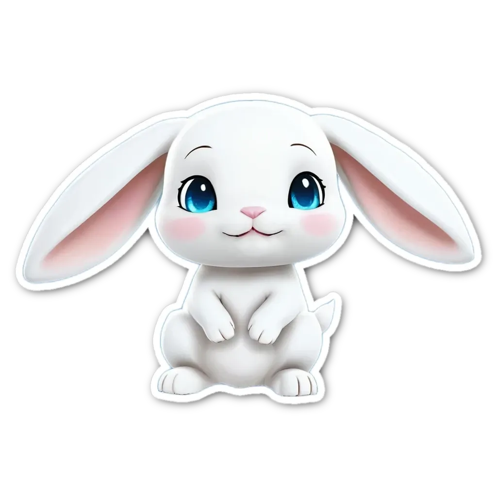 A rabbit with blue eyes is sitting on a white background.