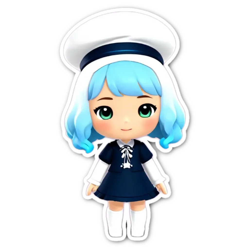 A small blue and white girl who is wearing a hat and a dress.