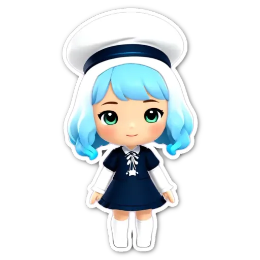 A small blue and white girl who is wearing a hat and a dress.