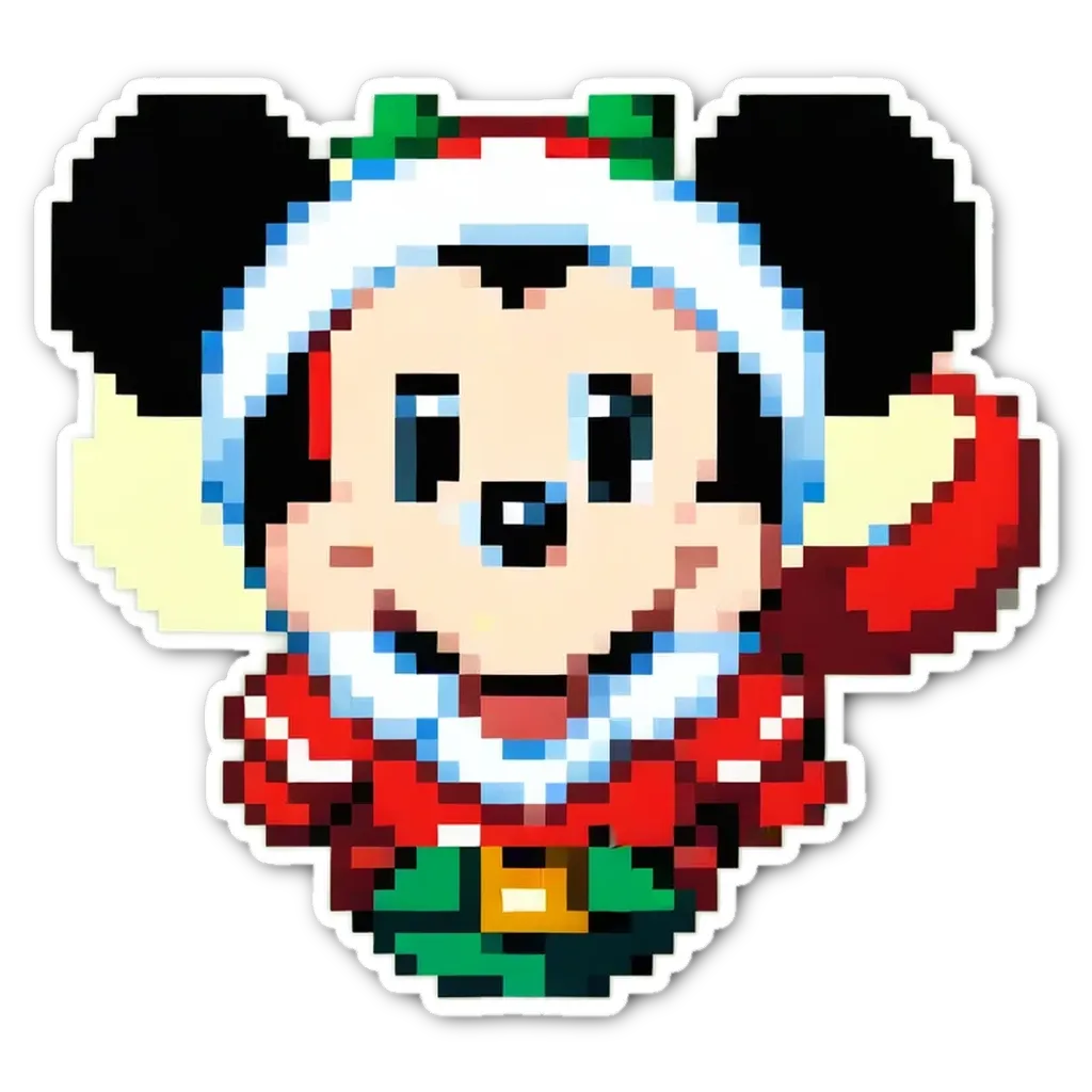 A sticker of a mickey mouse in a santa outfit.