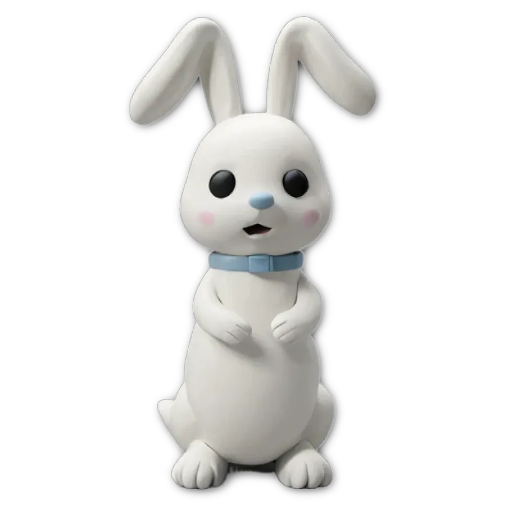 A white bunny statue with a blue collar is standing on a black background.