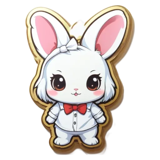 A rabbit is wearing a white shirt and a bow tie.