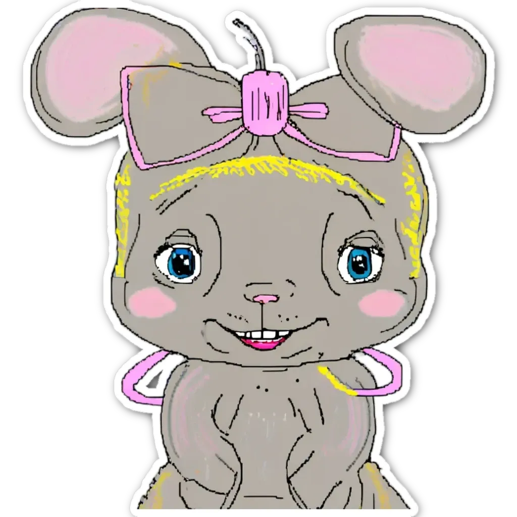 A cartoon drawing of a gray rabbit with a pink bow on its ear.