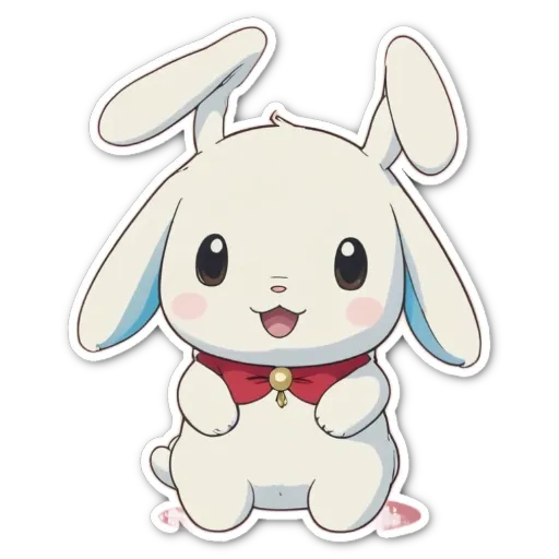 A white rabbit with a red bow and a yellow smile.