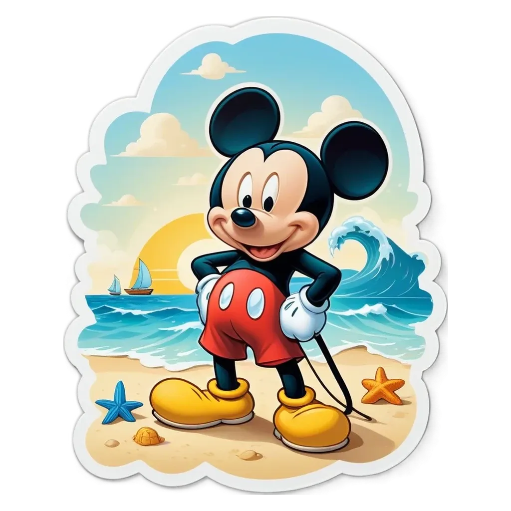 A Mickey Mouse sticker with a sailboat on the beach.