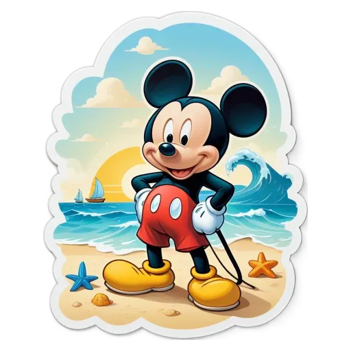 A Mickey Mouse sticker with a sailboat on the beach.