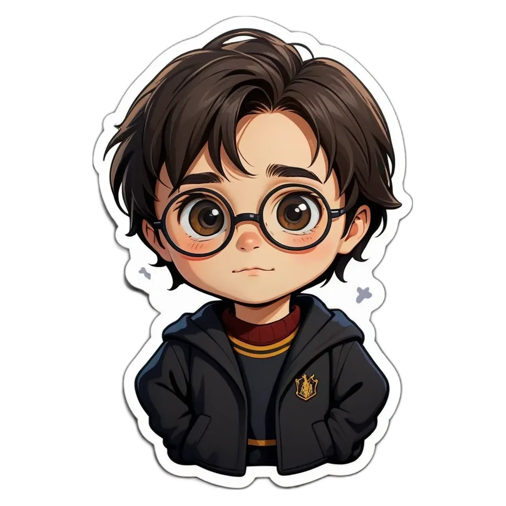 A sticker of a boy that has glasses and a hanger.