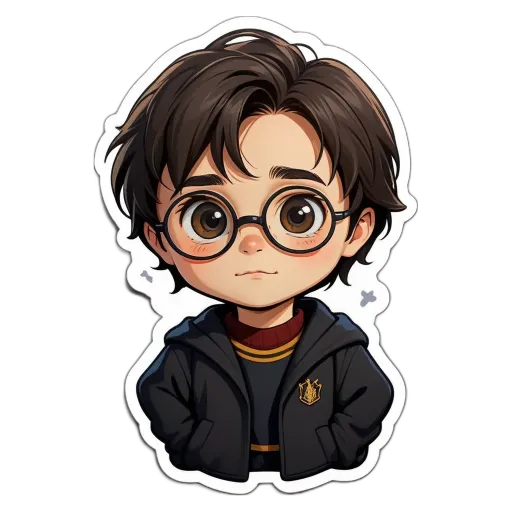 A sticker of a boy that has glasses and a hanger.