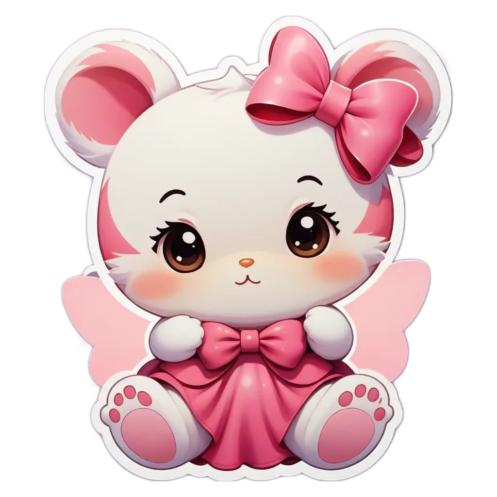 A sticker of a mouse with a pink dress and a bow.