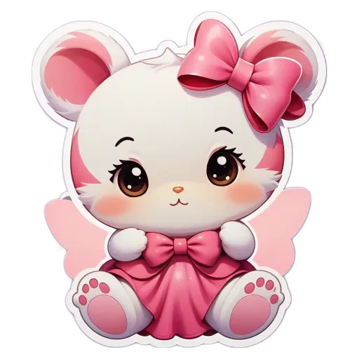 A sticker of a mouse with a pink dress and a bow.