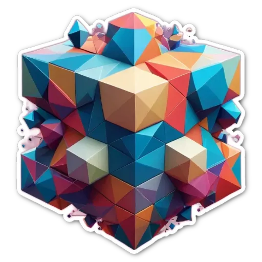 A colorful sticker of a cube with fractures.