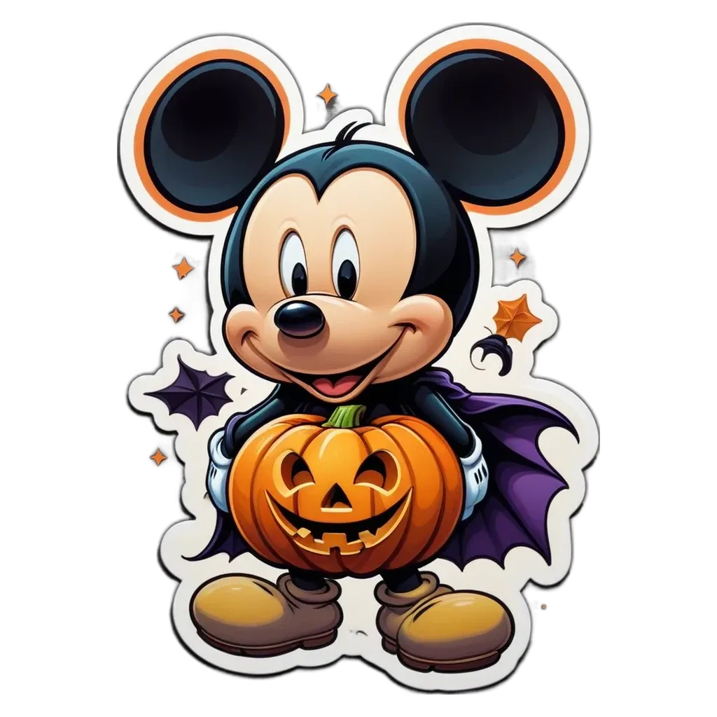 A Mickey Mouse sticker holding a pumpkin.