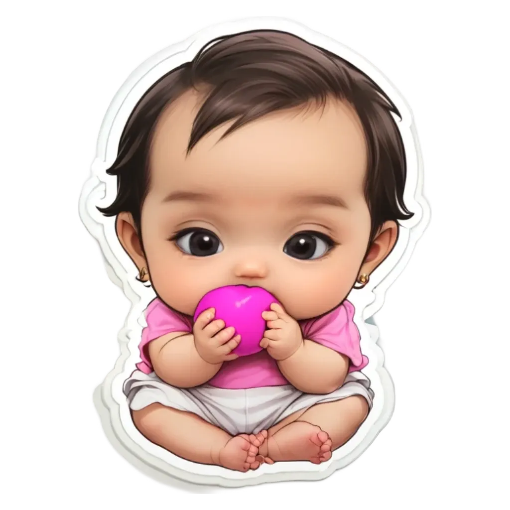 A cartoon image of a baby girl holding a toy.