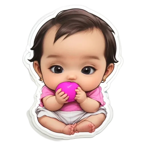 A cartoon image of a baby girl holding a toy.