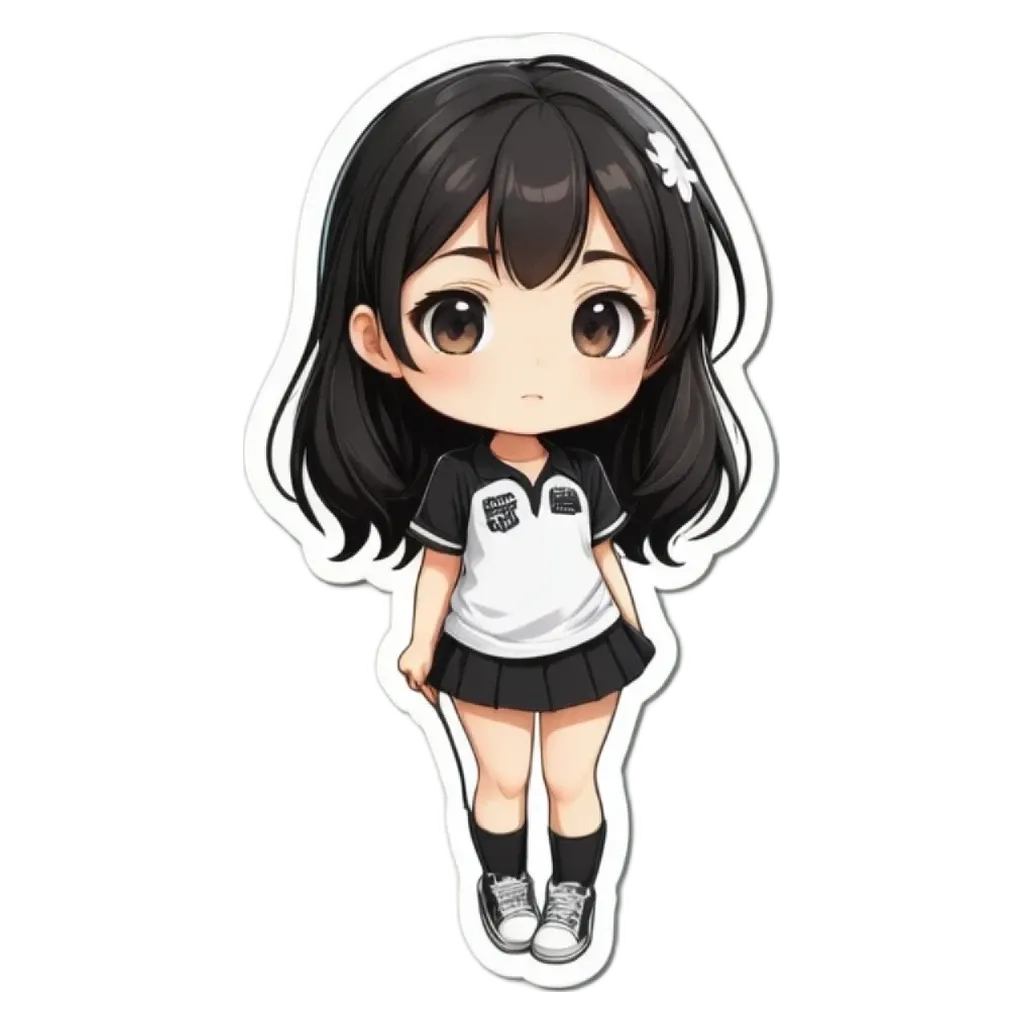 A girl with a white and black shirt with black lettering.